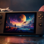 Console portátil exibindo uma cena de aventura espacial e fantasia em imagem editorial sem textos.
