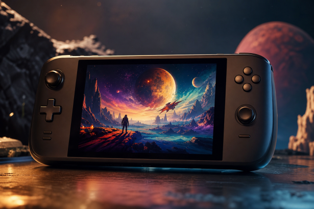 Console portátil exibindo uma cena de aventura espacial e fantasia em imagem editorial sem textos.