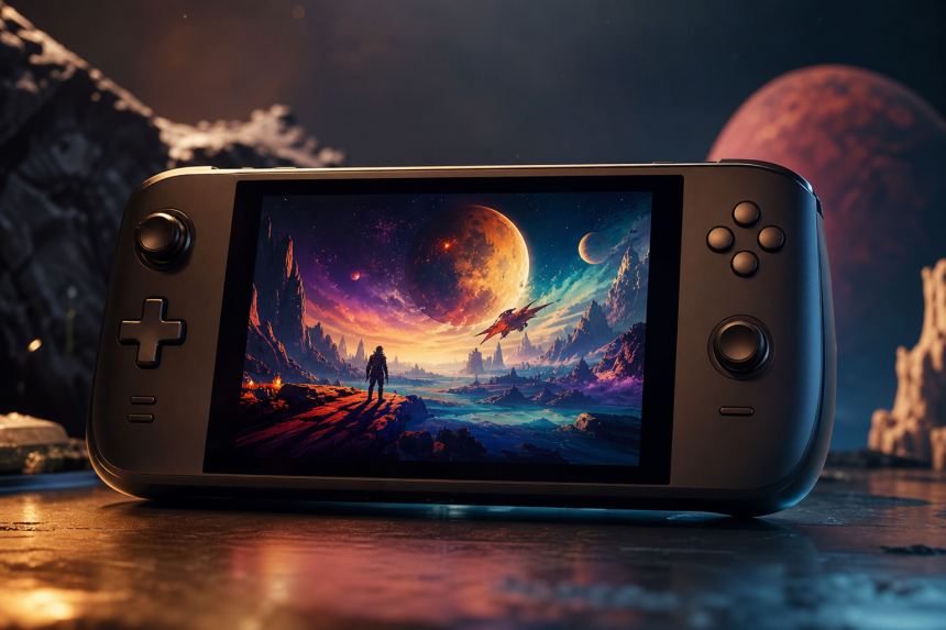 Console portátil exibindo uma cena de aventura espacial e fantasia em imagem editorial sem textos.