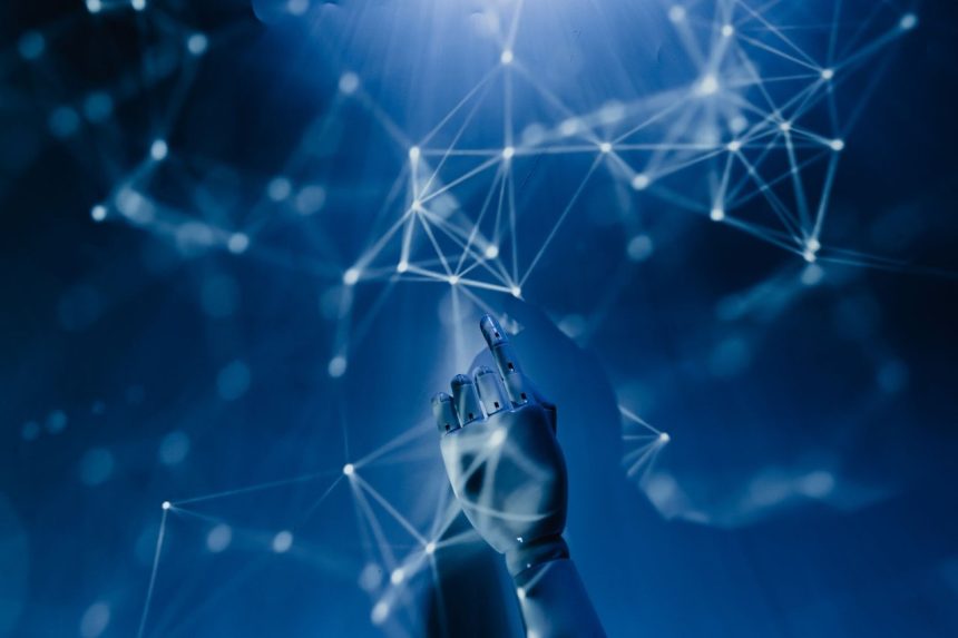 Mão robótica alcança uma rede digital azul, representando inteligência artificial e automação.