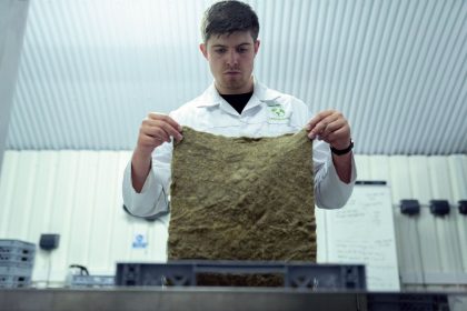 Cientista examina um material biodegradável em um laboratório de pesquisa e inovação sustentável.